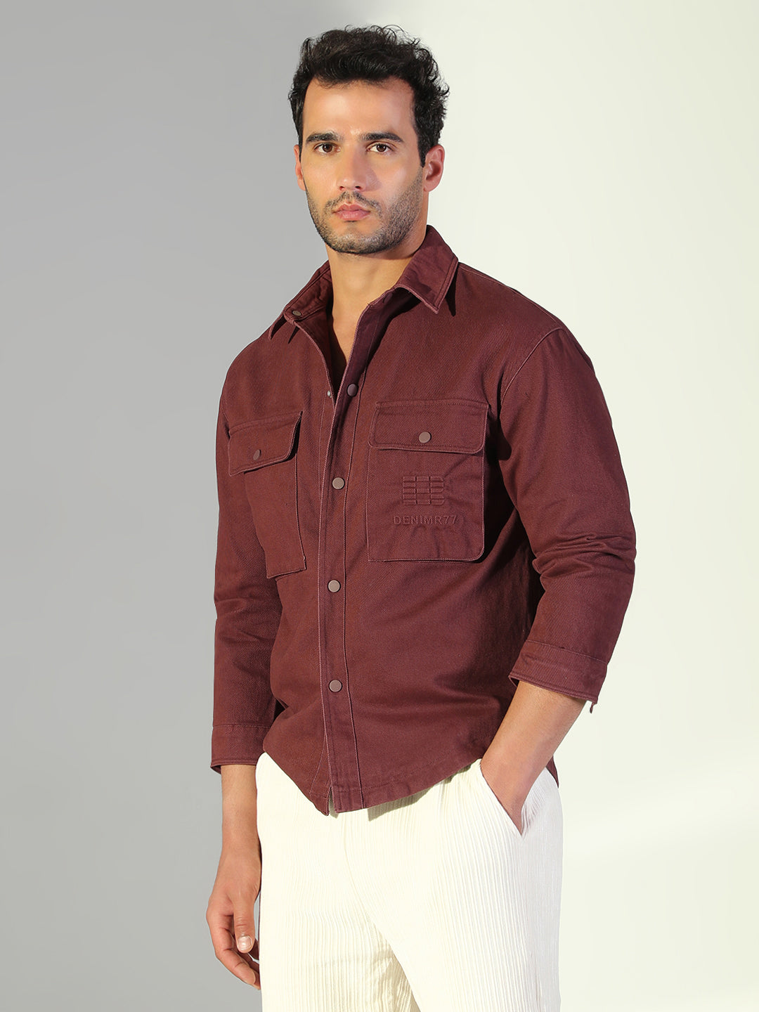 Men Solid Maroon Shacket