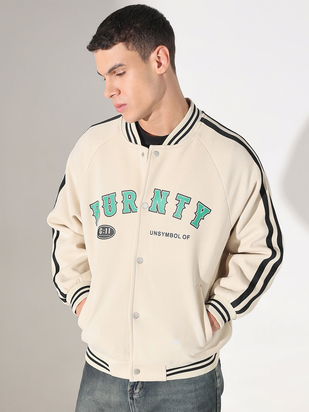 Men's Typography Cream Mandarin Collar Varsity Jacket