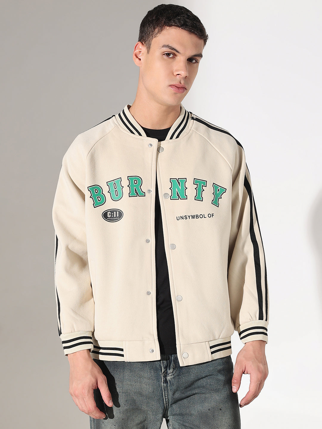 Men's Typography Cream Mandarin Collar Varsity Jacket