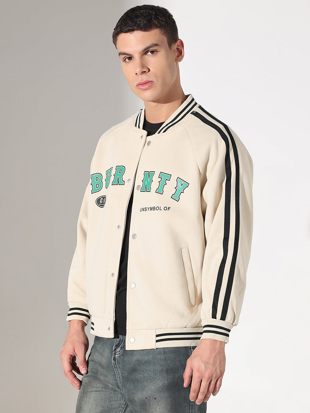 Men's Typography Cream Mandarin Collar Varsity Jacket