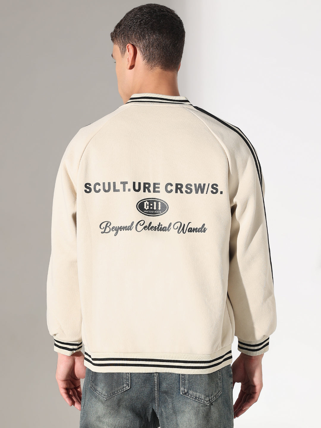 Men's Typography Cream Mandarin Collar Varsity Jacket