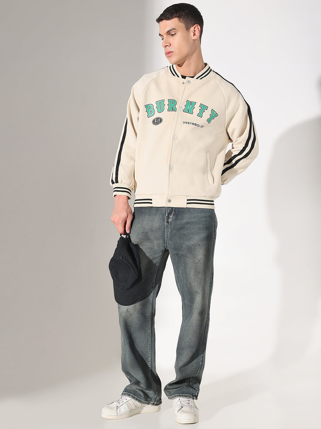 Men's Typography Cream Mandarin Collar Varsity Jacket