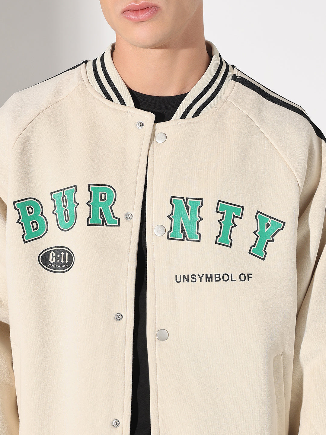 Men's Typography Cream Mandarin Collar Varsity Jacket