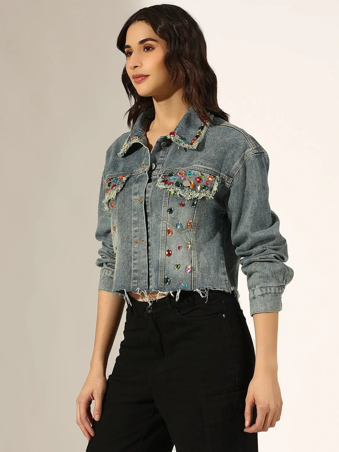 Women's Embellished Blue Denim Cropped Jacket with Frayed Hem - from SHOWOFFFF