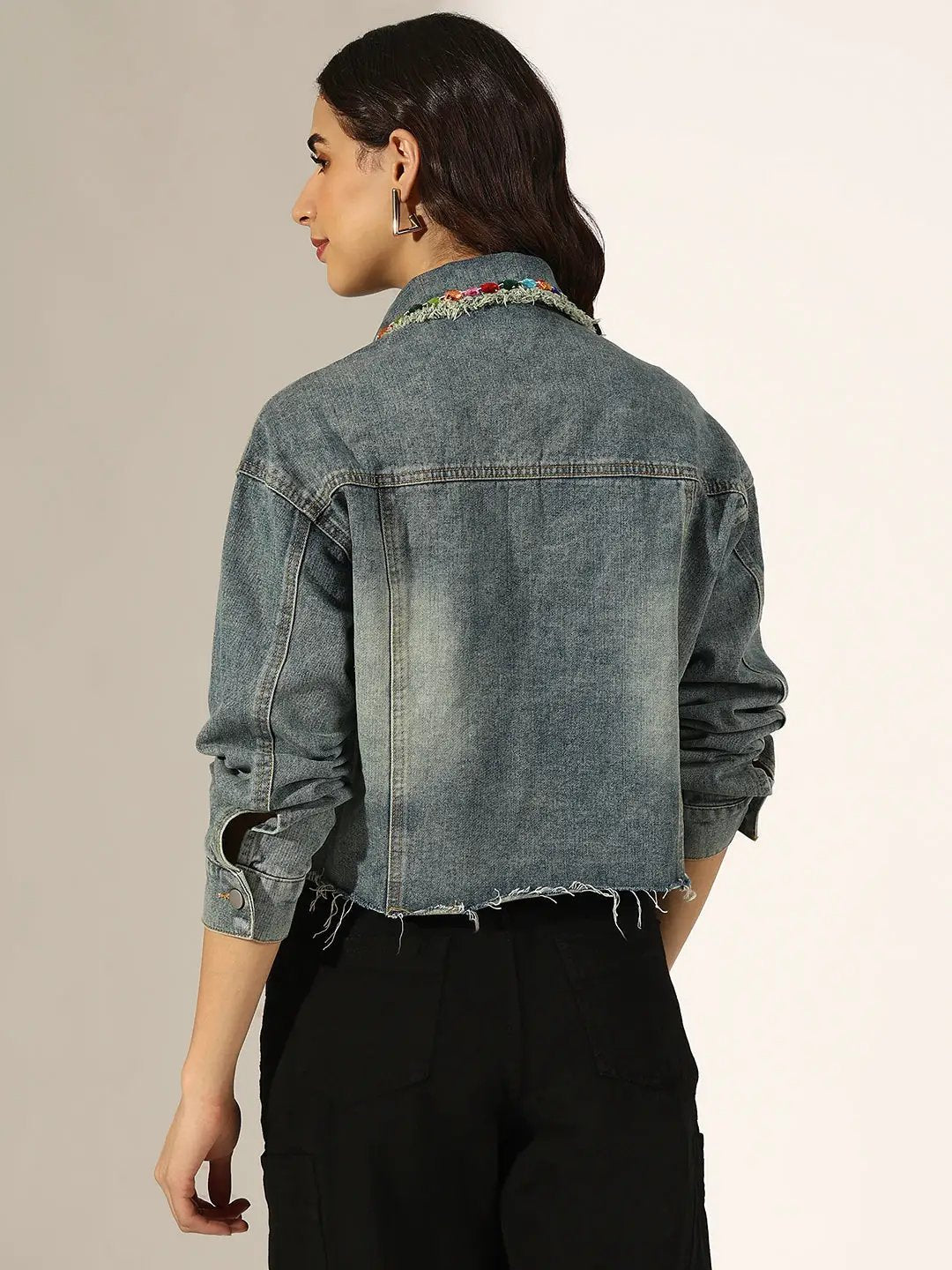 Women's Embellished Blue Denim Cropped Jacket with Frayed Hem - from SHOWOFFFF