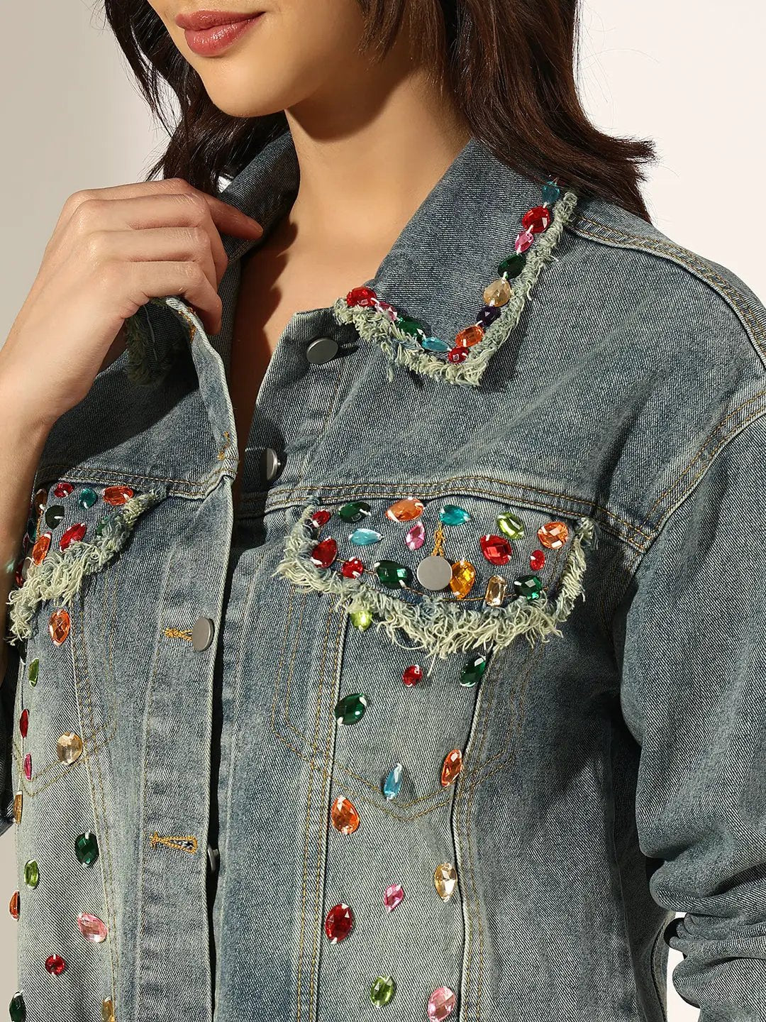 Women's Embellished Blue Denim Cropped Jacket with Frayed Hem - from SHOWOFFFF