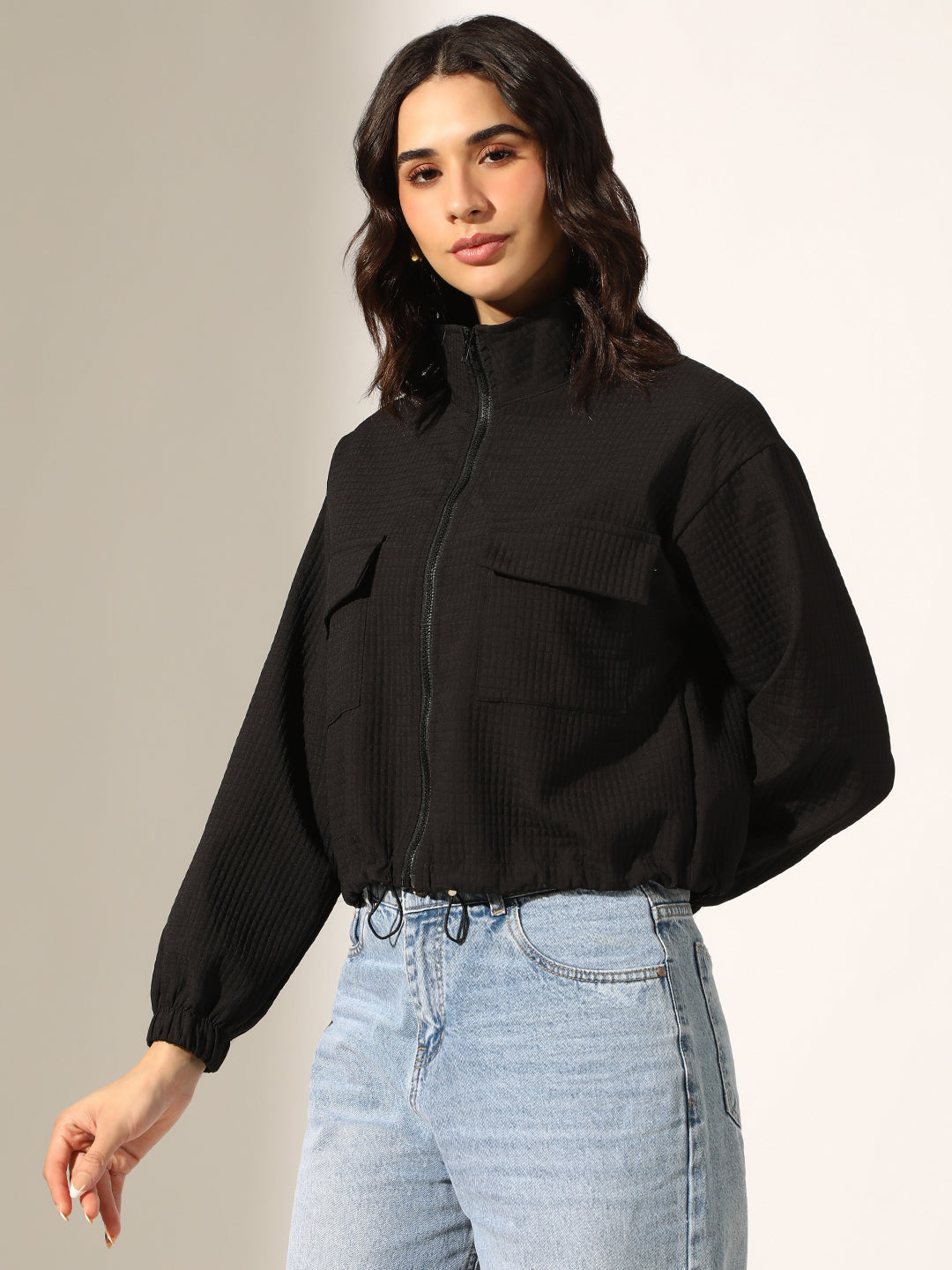 Women's Textured Black Front Zip Bomber Jacket