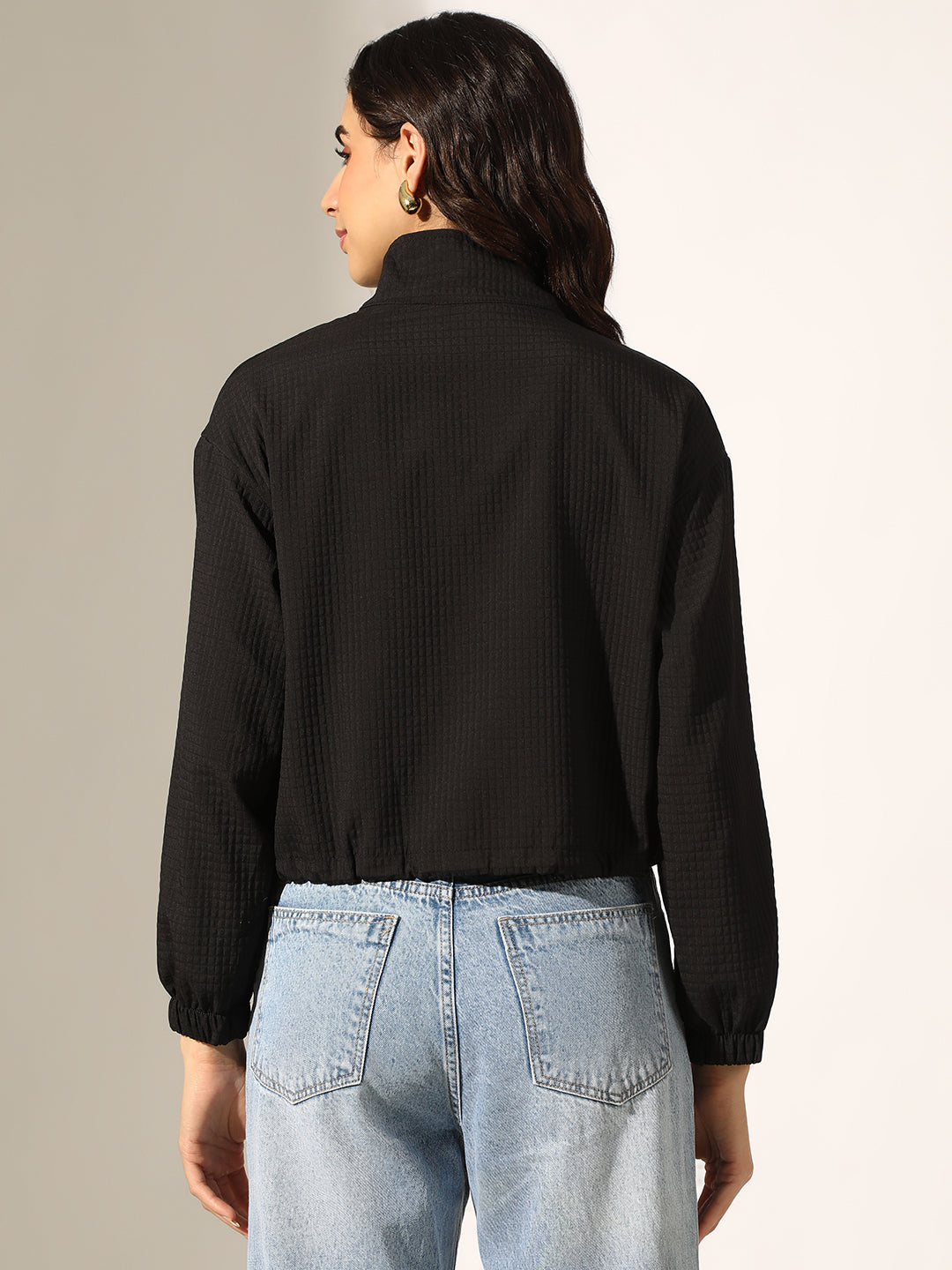 Women's Textured Black Front Zip Bomber Jacket