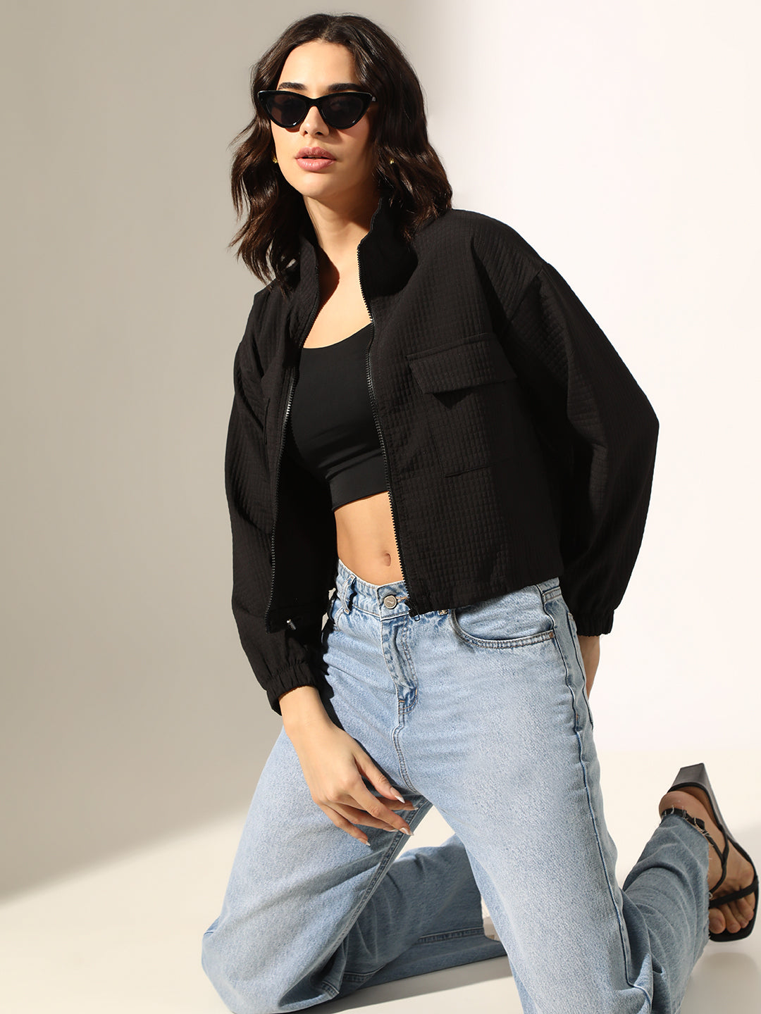 Women's Textured Black Front Zip Bomber Jacket