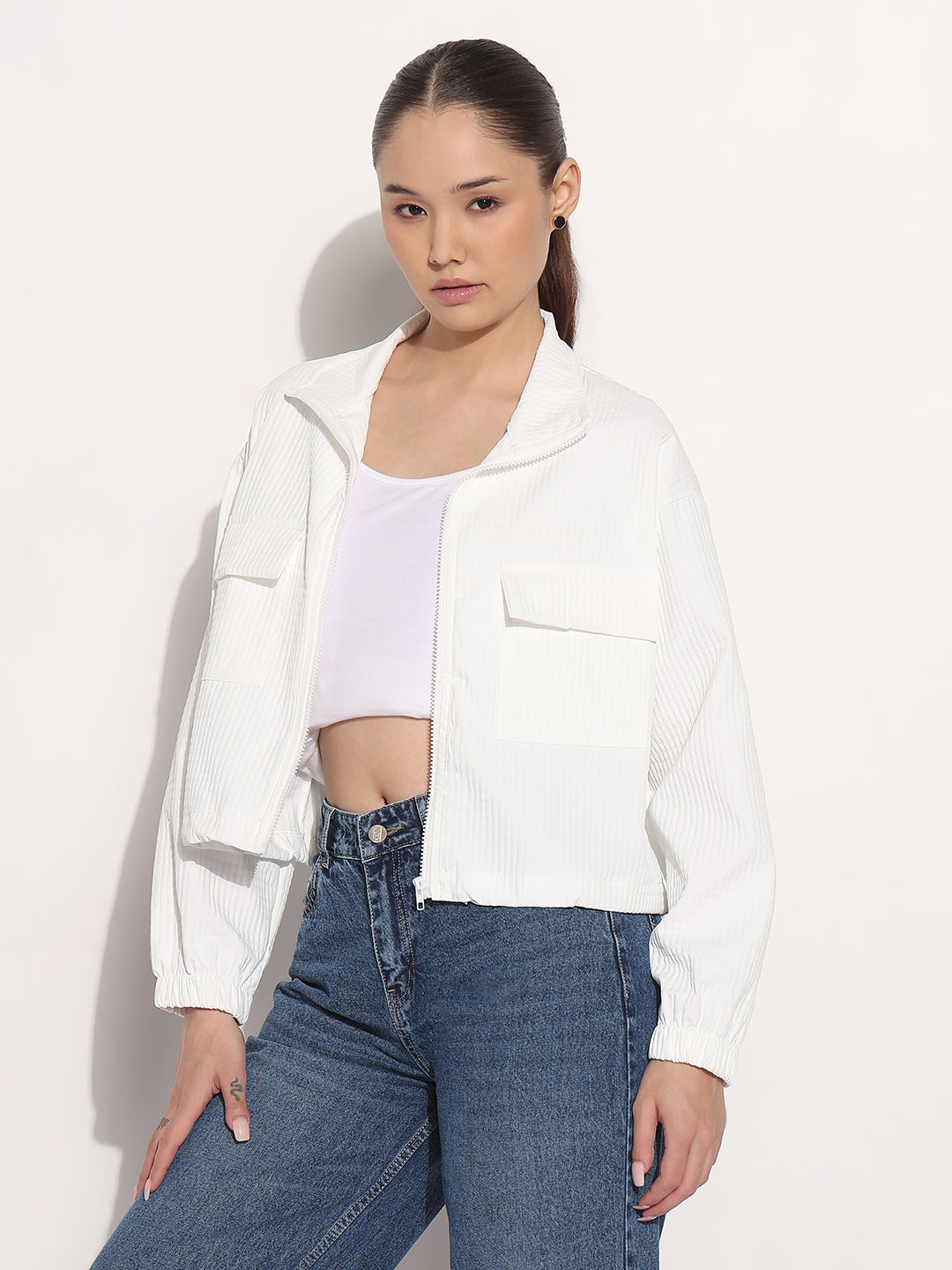 Women's White Shirt Collar Jacket with Zipper