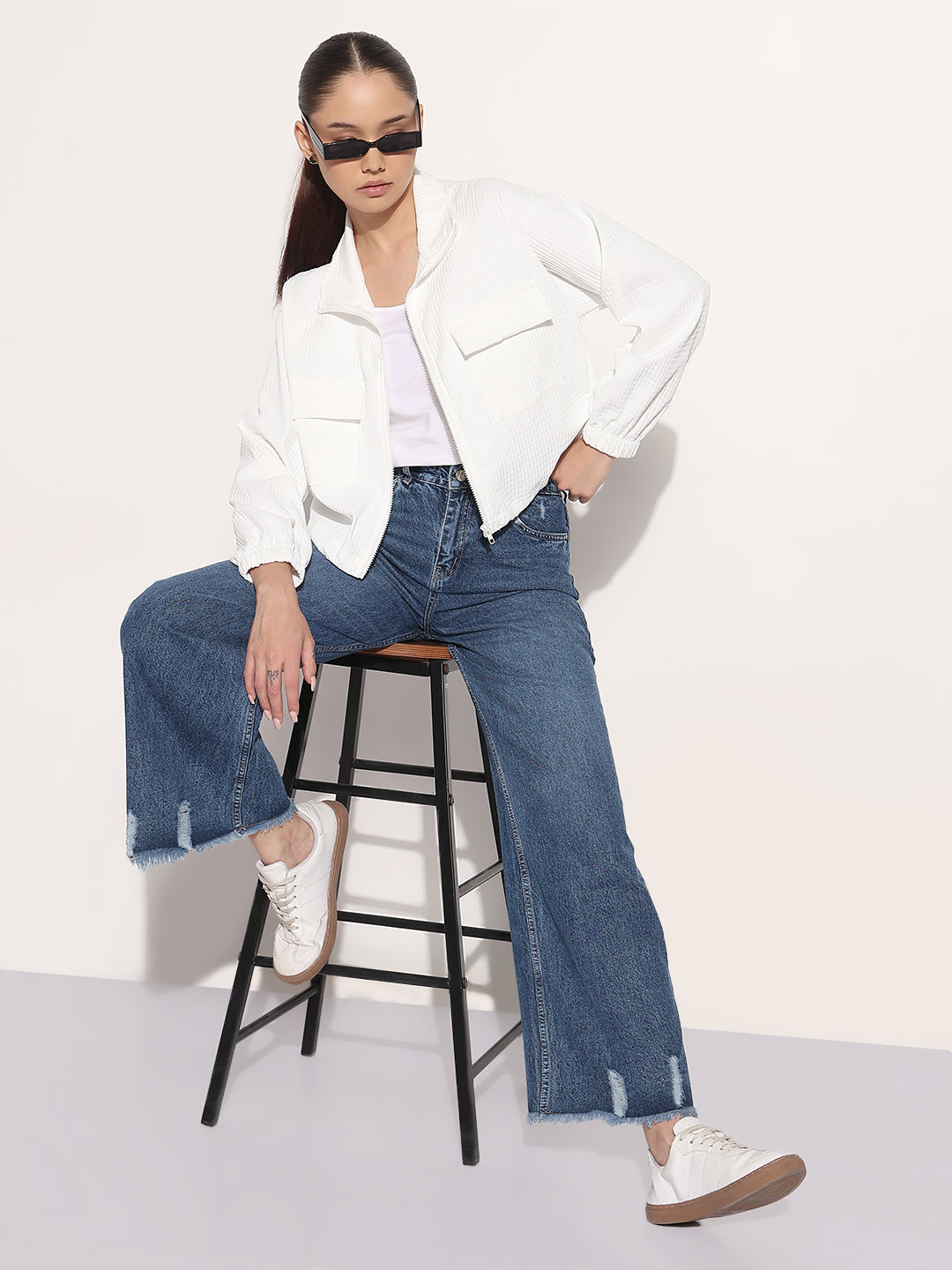 Women's White Shirt Collar Jacket with Zipper