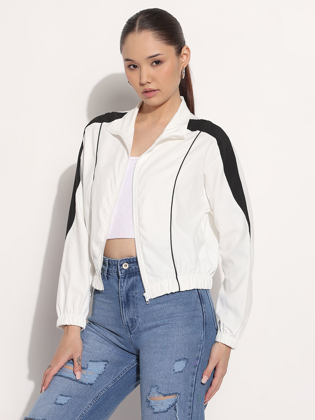 Women's Colorblocked White Shirt Collar Bomber Jacket