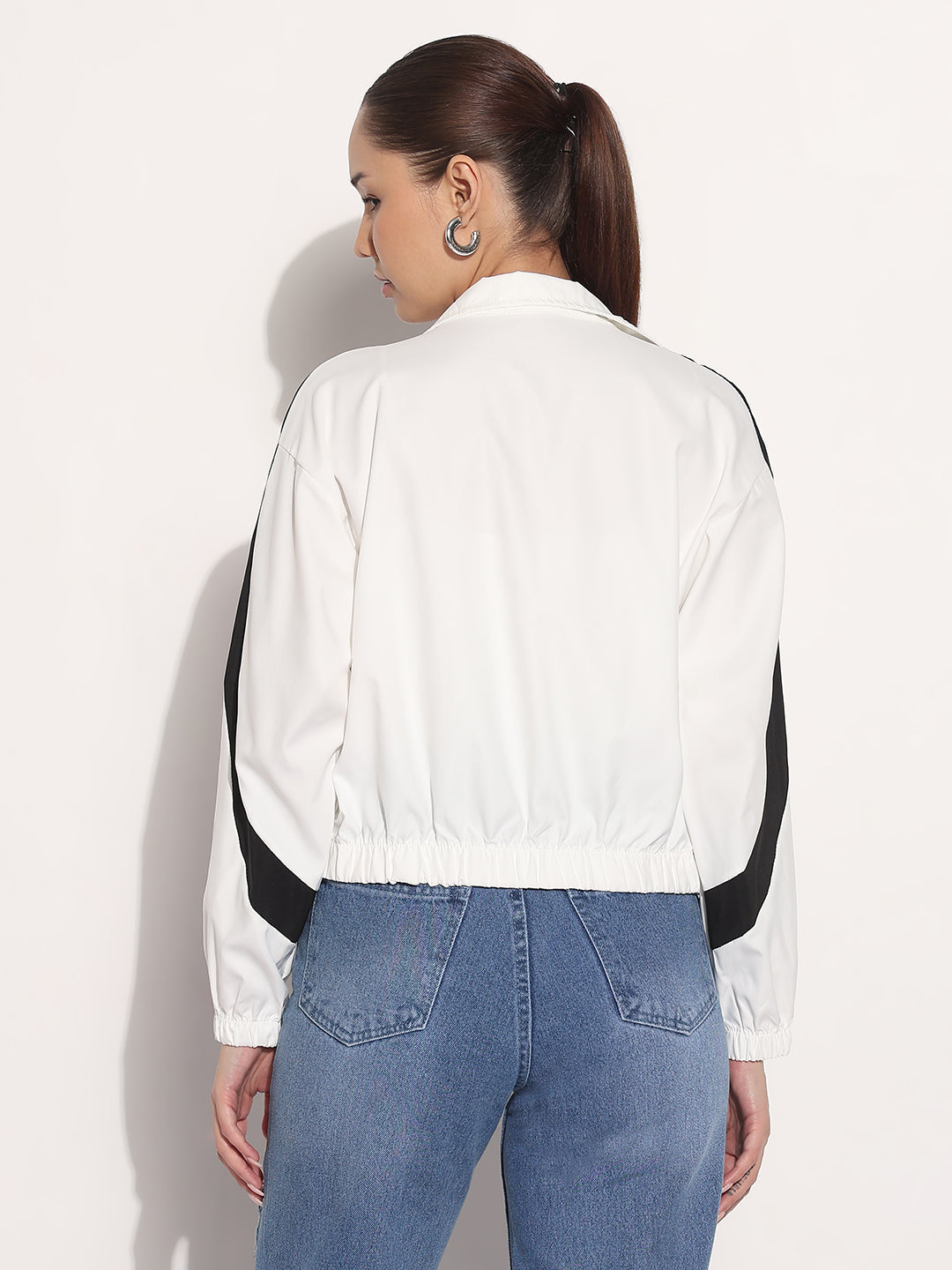 Women's Colorblocked White Shirt Collar Bomber Jacket