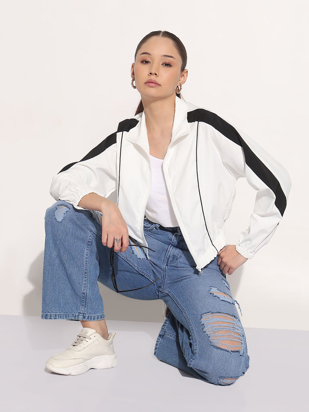 Women's Colorblocked White Shirt Collar Bomber Jacket