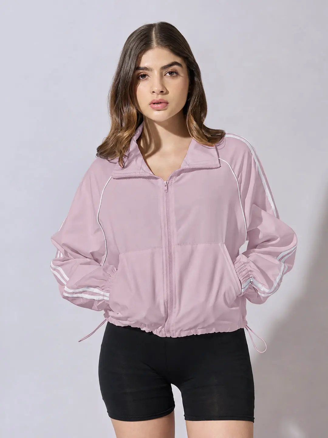 Women's Pink Zip Up Jacket with White Contrast Stripes and Adjustable Drawstring Hem
