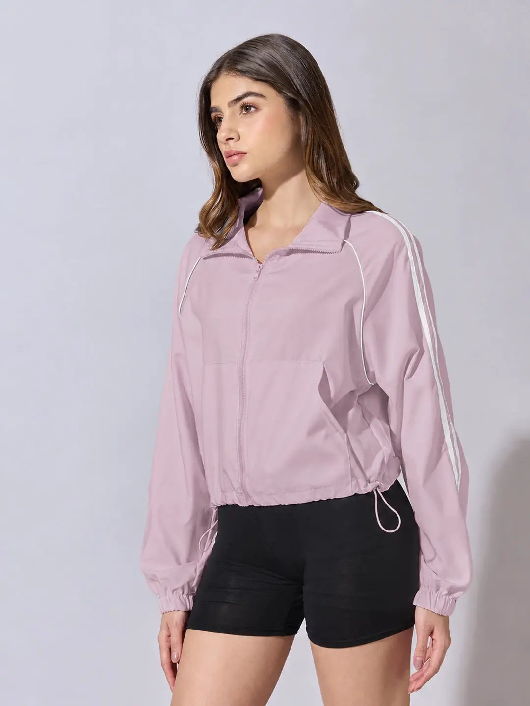 Women's Pink Zip Up Jacket with White Contrast Stripes and Adjustable Drawstring Hem