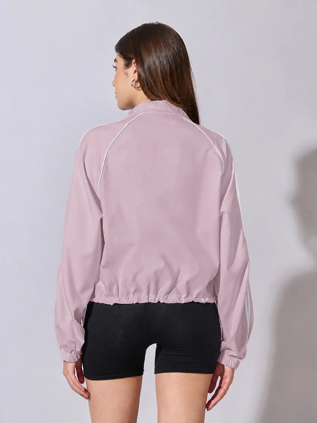 Women's Pink Zip Up Jacket with White Contrast Stripes and Adjustable Drawstring Hem