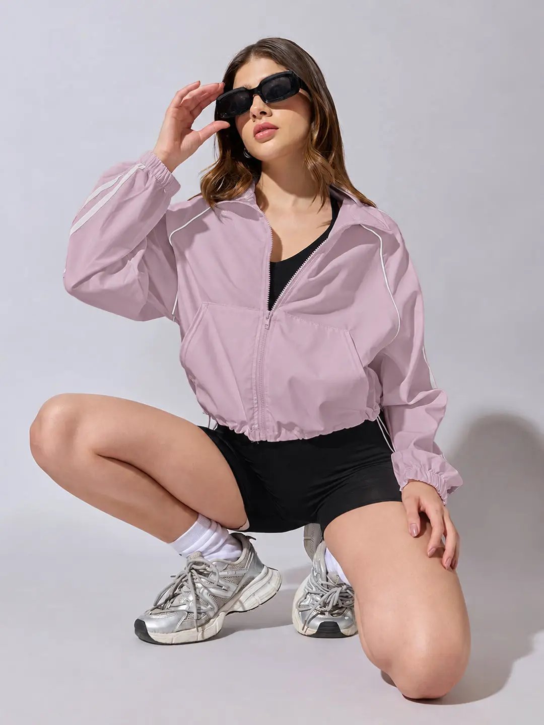 Women's Pink Zip Up Jacket with White Contrast Stripes and Adjustable Drawstring Hem
