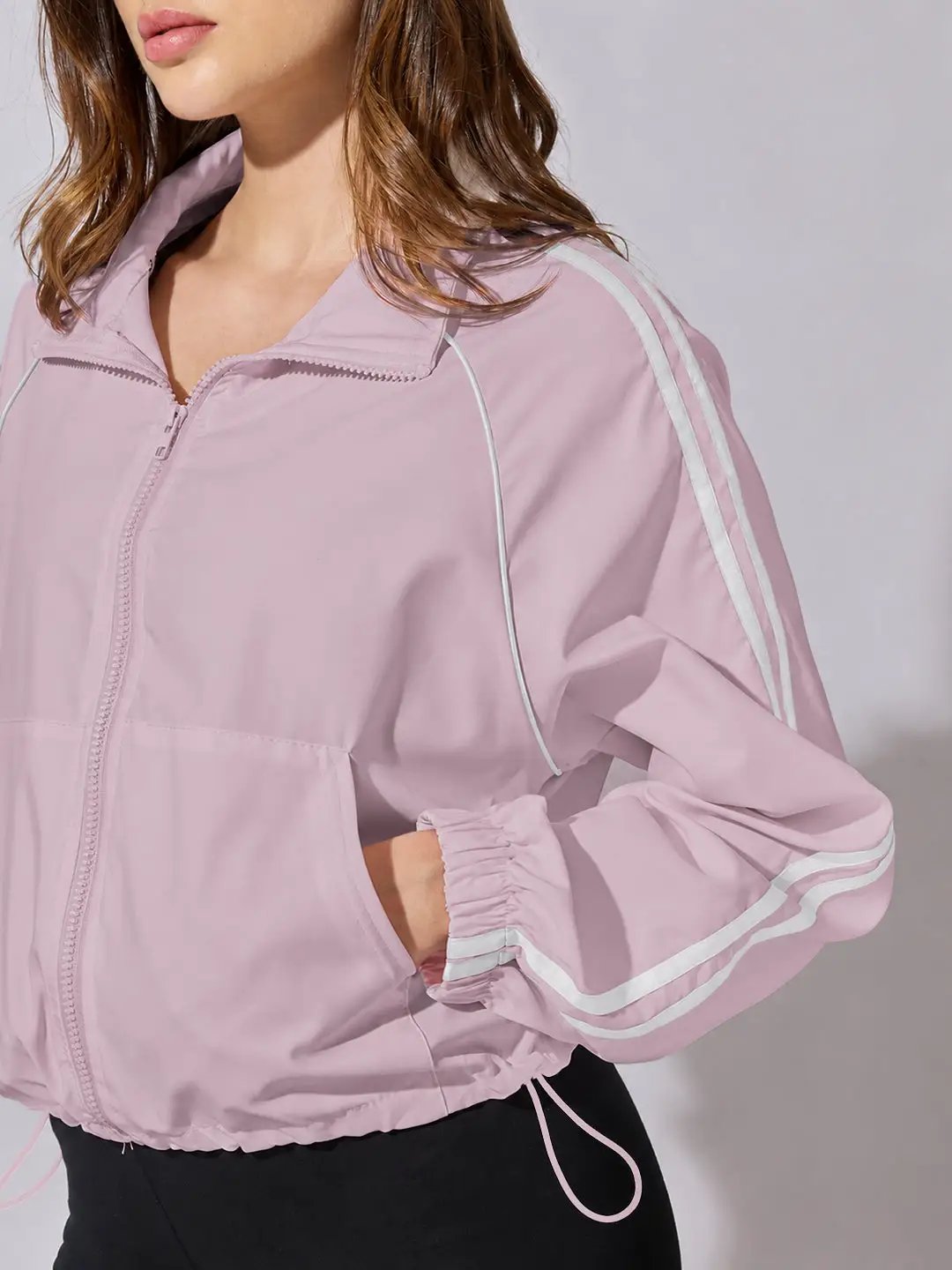 Women's Pink Zip Up Jacket with White Contrast Stripes and Adjustable Drawstring Hem