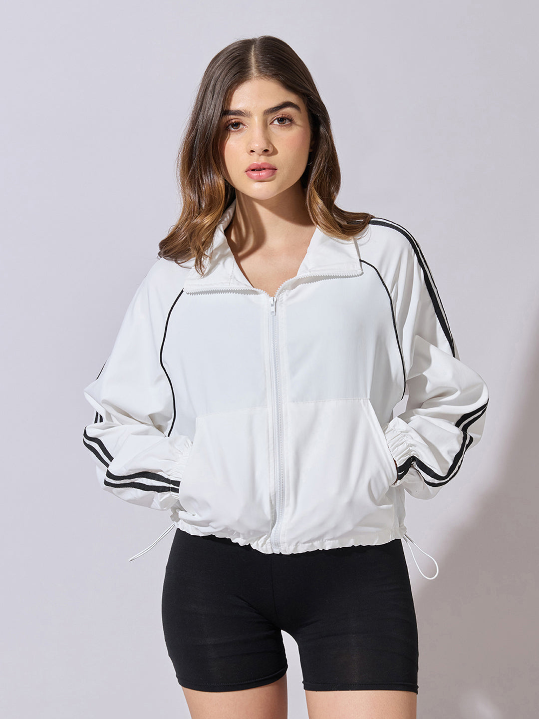 Women's White Zip-Up Track Jacket with Black Stripe Detail