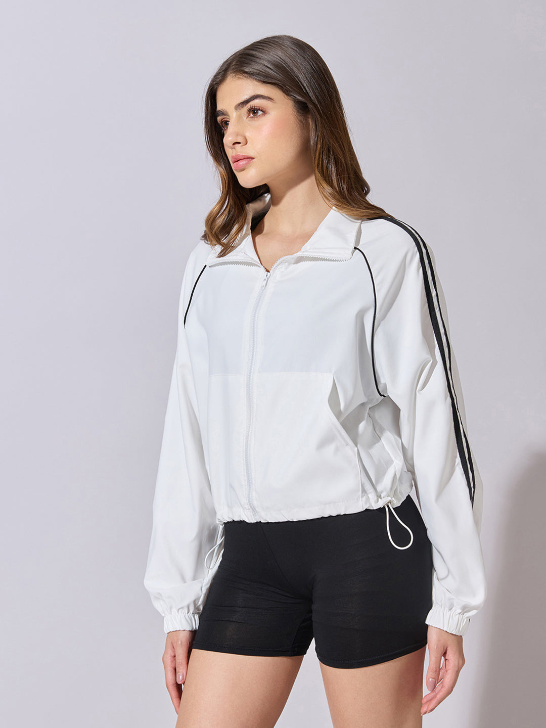 Women's White Zip-Up Track Jacket with Black Stripe Detail