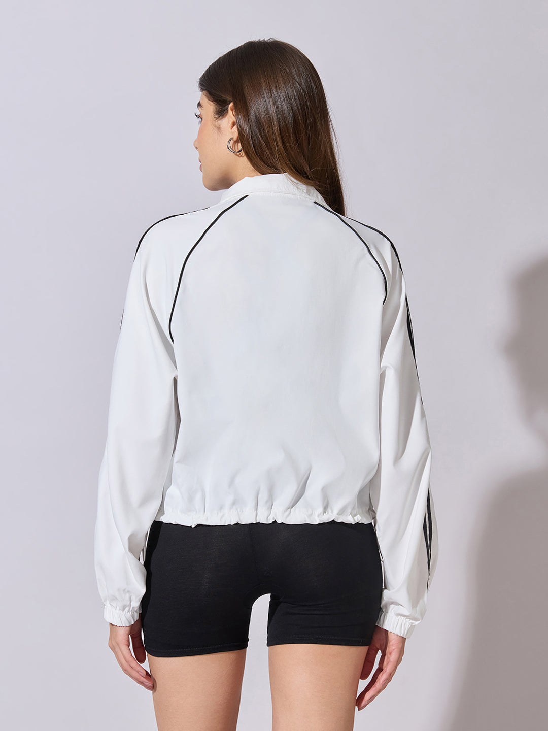 Women's White Zip-Up Track Jacket with Black Stripe Detail