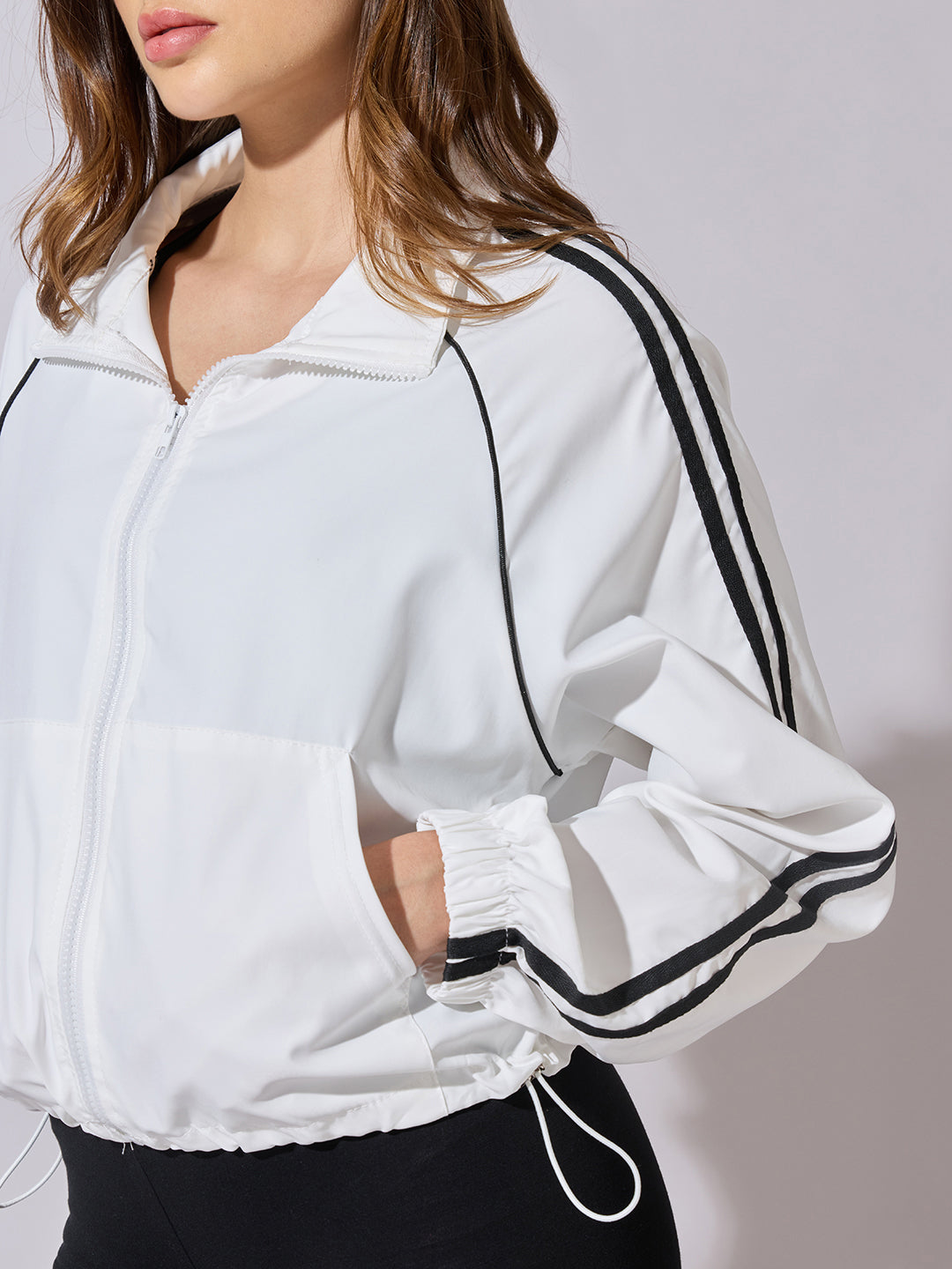 Women's White Zip-Up Track Jacket with Black Stripe Detail