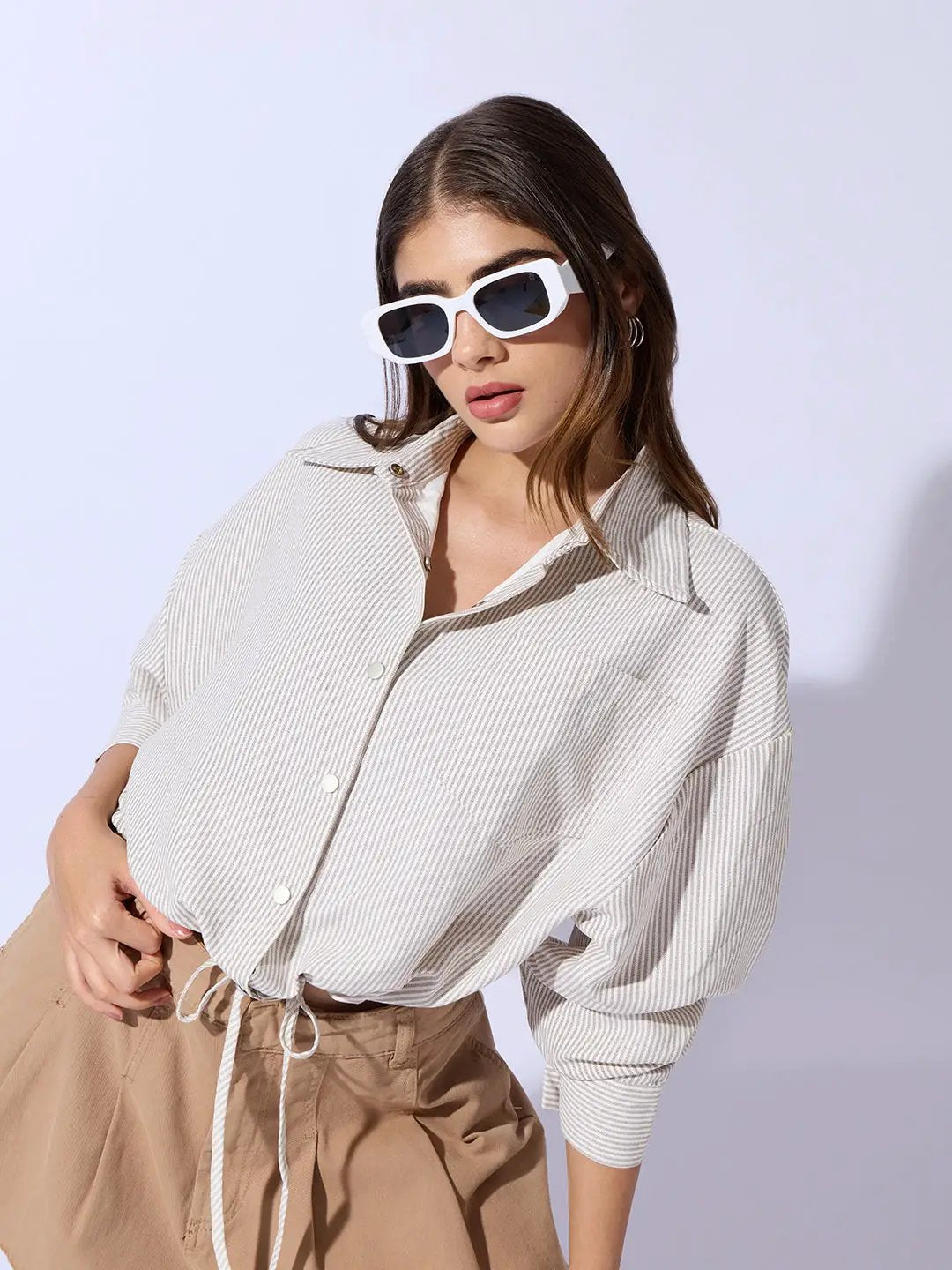 Women's Beige Striped Cotton Shirt Style Crop Top