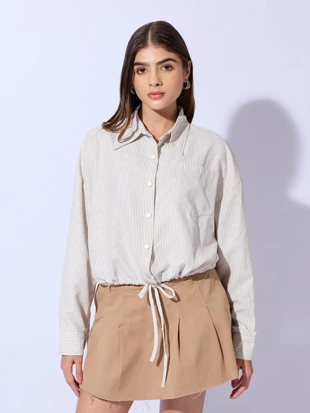 Women's Beige Striped Cotton Shirt Style Crop Top