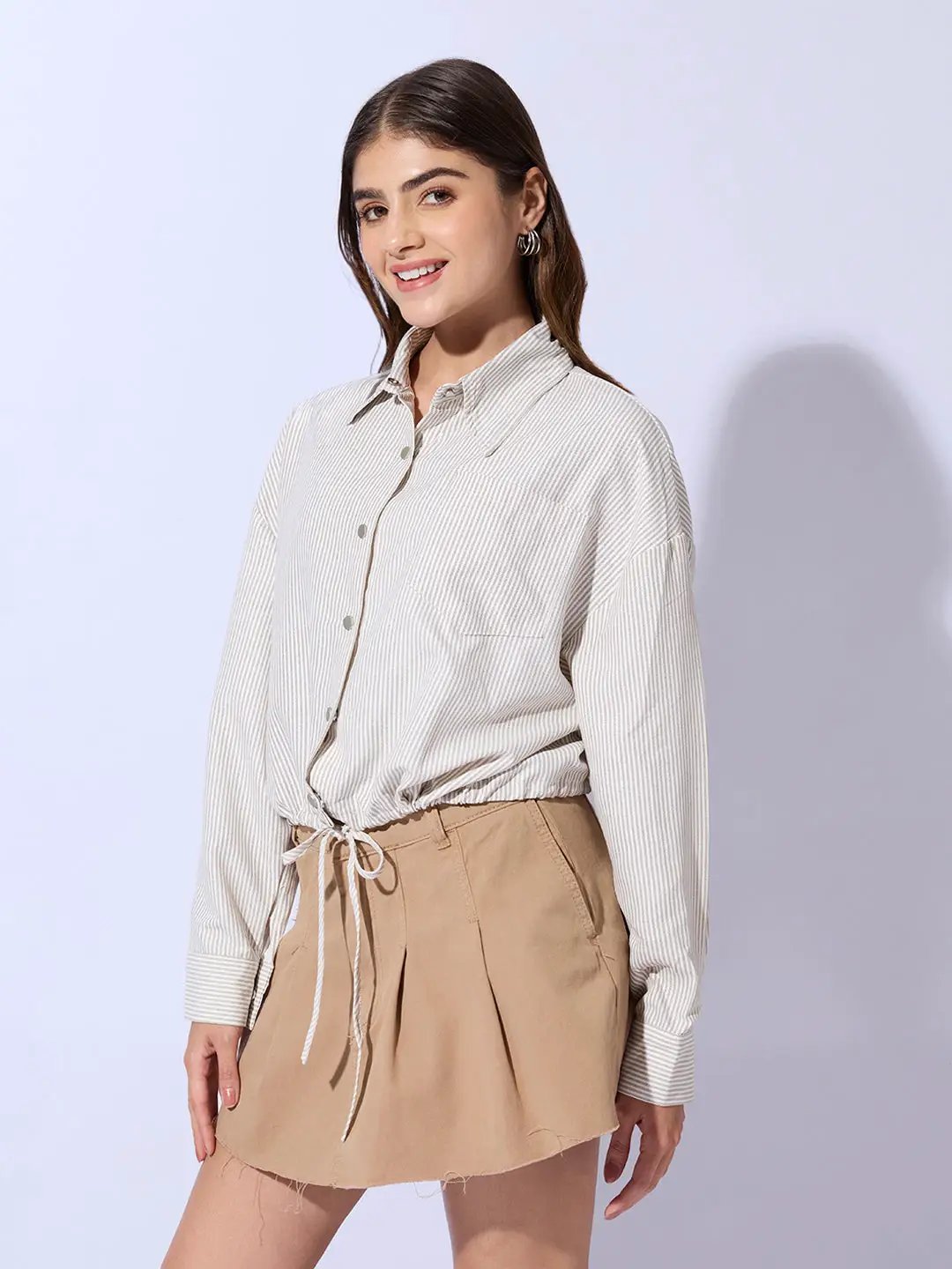 Women's Beige Striped Cotton Shirt Style Crop Top - Uncategorized from SHOWOFFFF
