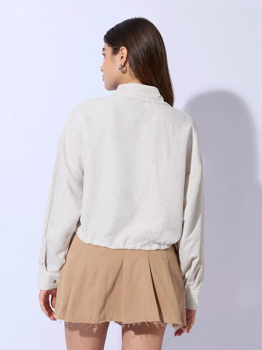 Women's Beige Striped Cotton Shirt Style Crop Top - Uncategorized from SHOWOFFFF