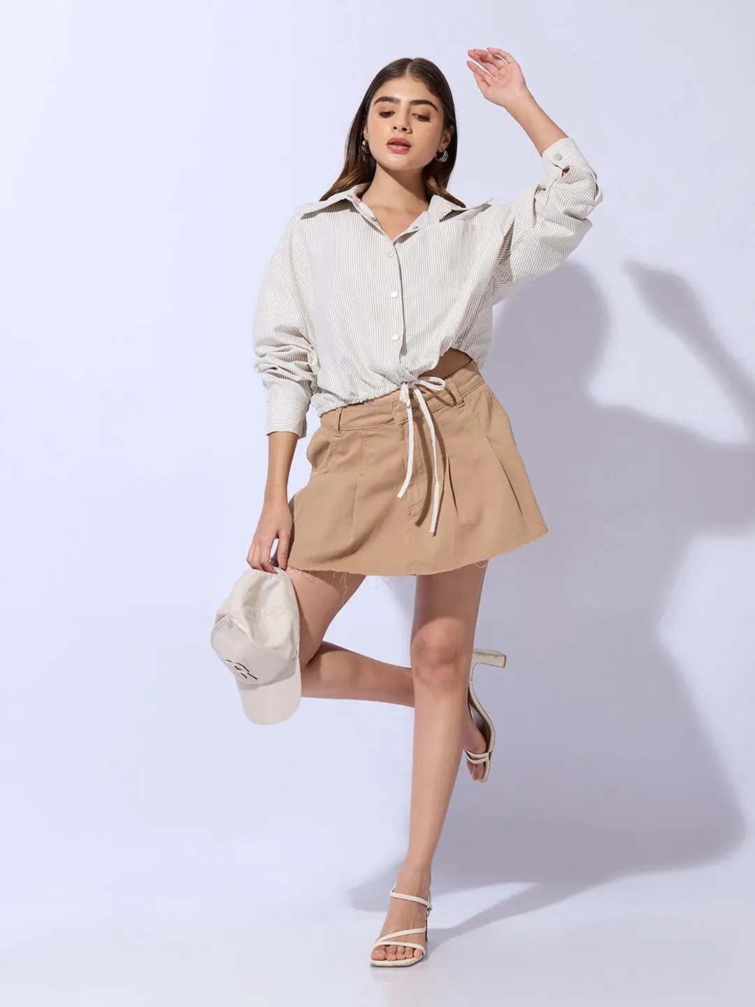 Women's Beige Striped Cotton Shirt Style Crop Top - Uncategorized from SHOWOFFFF