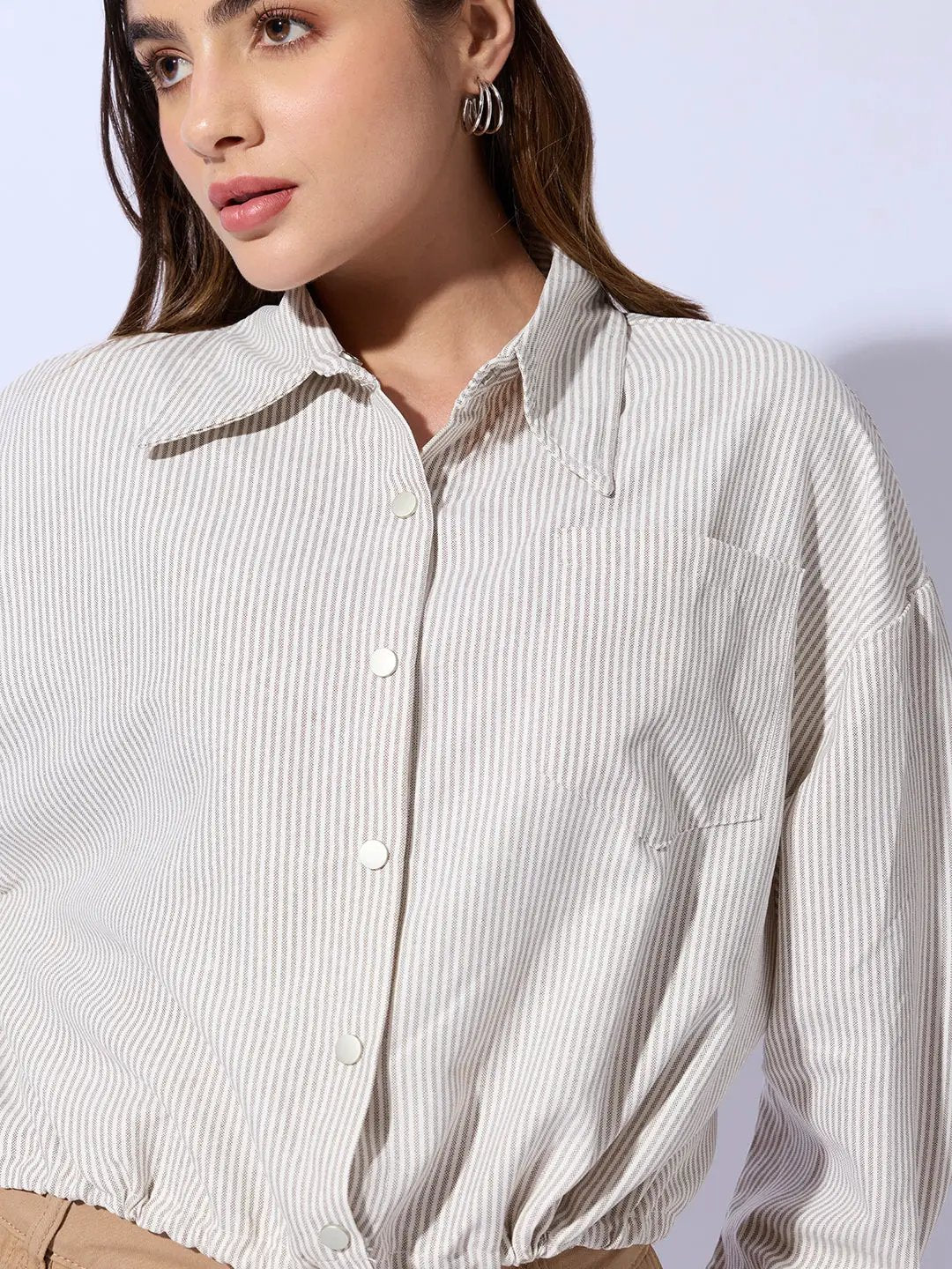 Women's Beige Striped Cotton Shirt Style Crop Top - Uncategorized from SHOWOFFFF