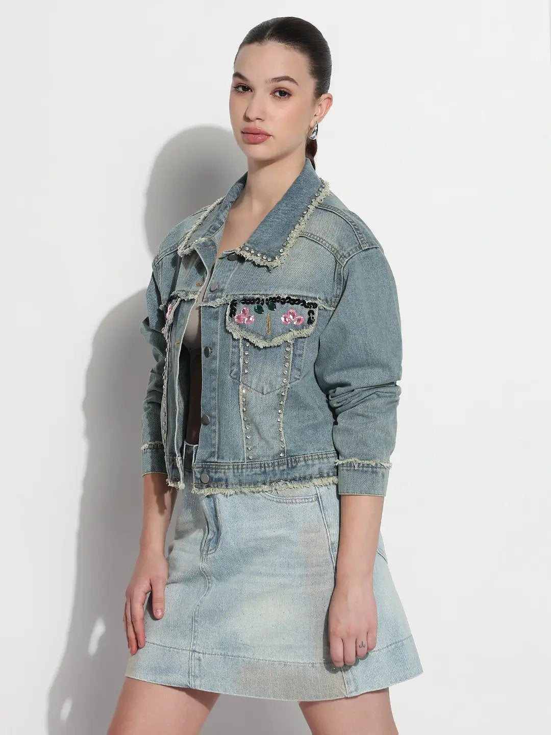 Women's Embellished Blue Spread Collar Relaxed Fit Denim Jacket - from SHOWOFFFF
