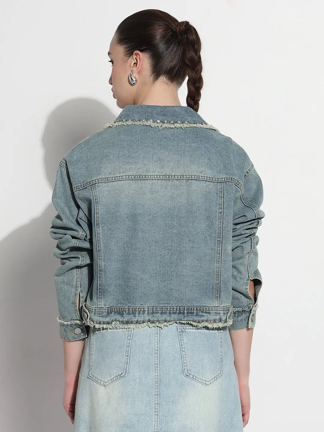 Women's Embellished Blue Spread Collar Relaxed Fit Denim Jacket - from SHOWOFFFF