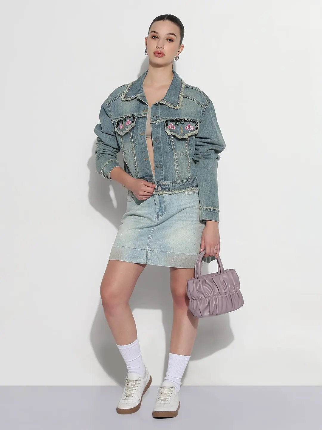 Women's Embellished Blue Spread Collar Relaxed Fit Denim Jacket - from SHOWOFFFF