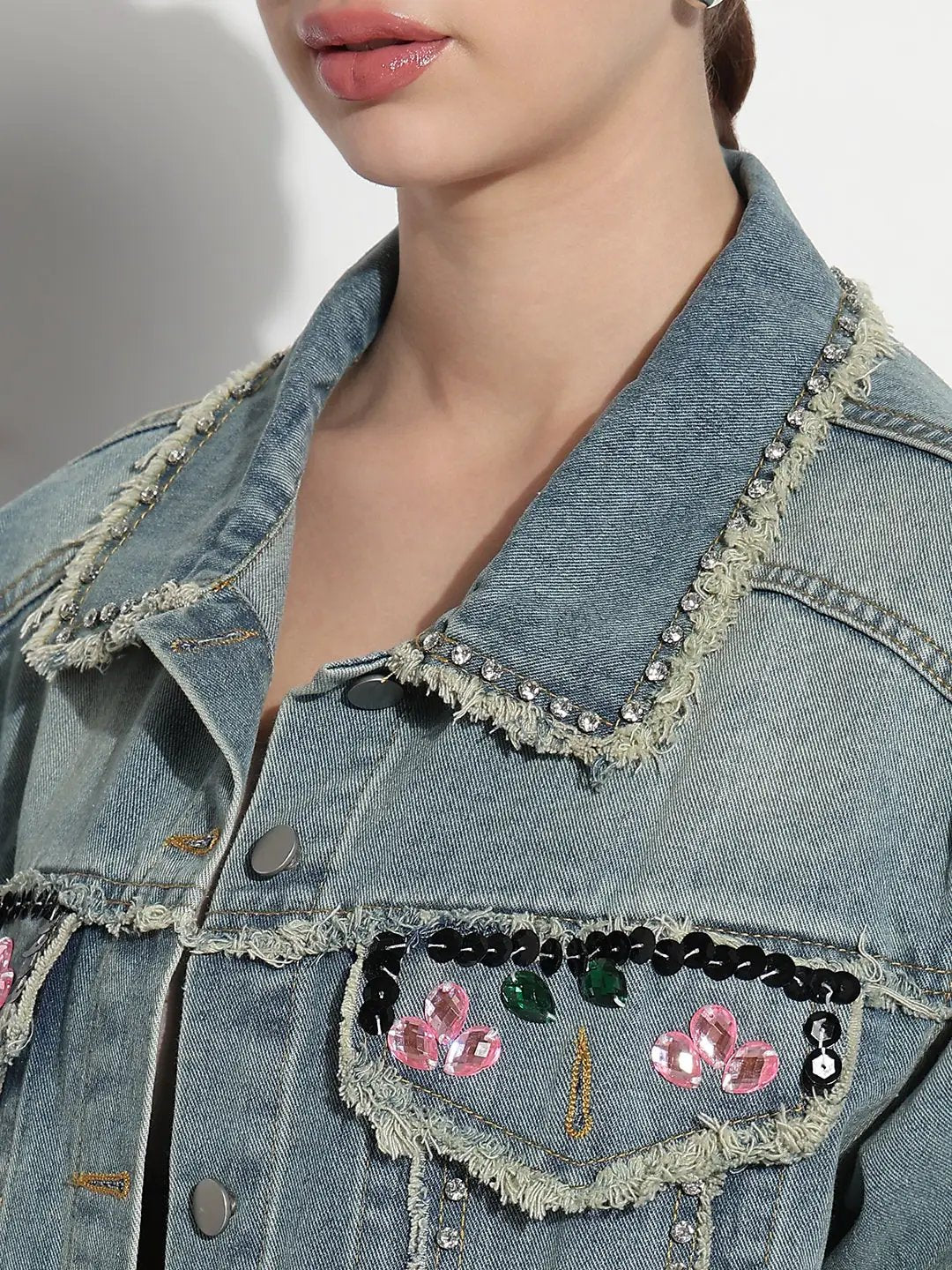 Women's Embellished Blue Spread Collar Relaxed Fit Denim Jacket - from SHOWOFFFF