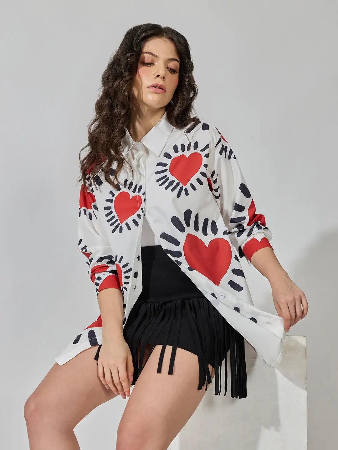Women's Graphic Print White Long Sleeve Shirt
