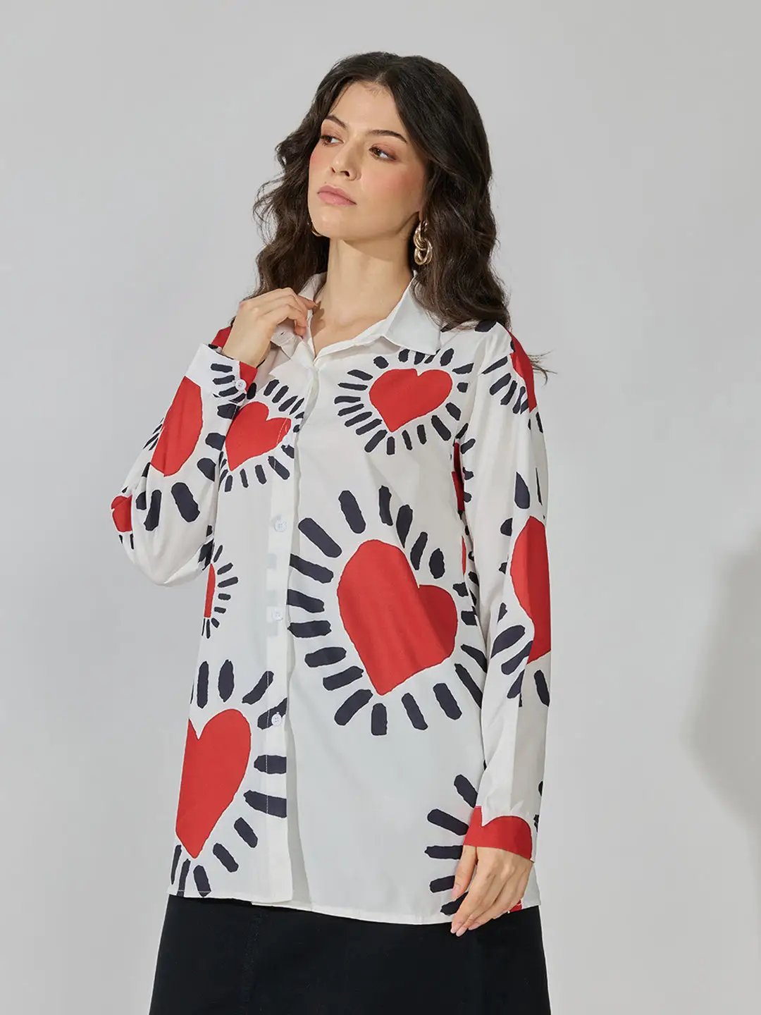 Women's Graphic Print White Long Sleeve Shirt