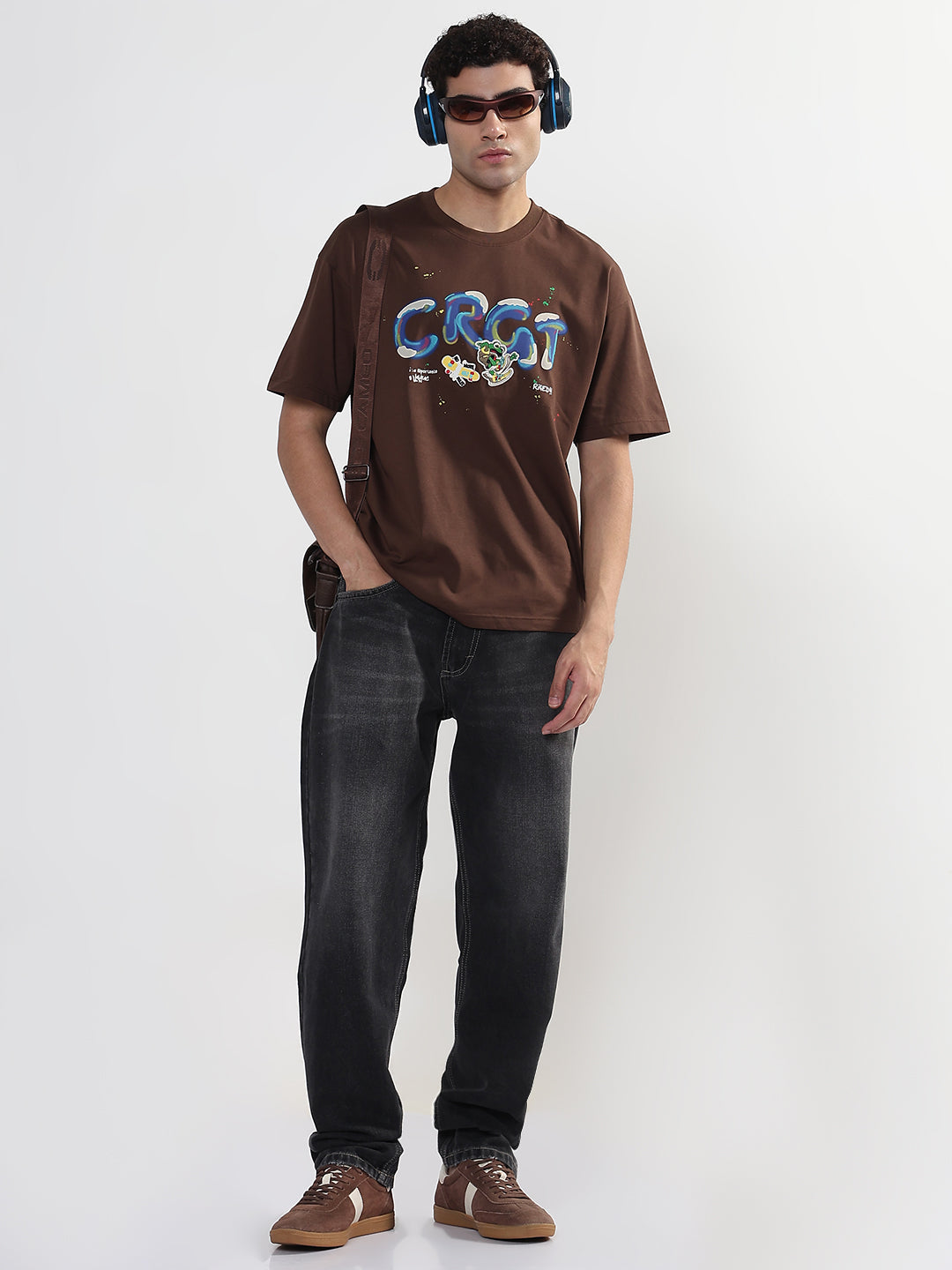 Men's Printed Brown Regular Fit T-Shirt