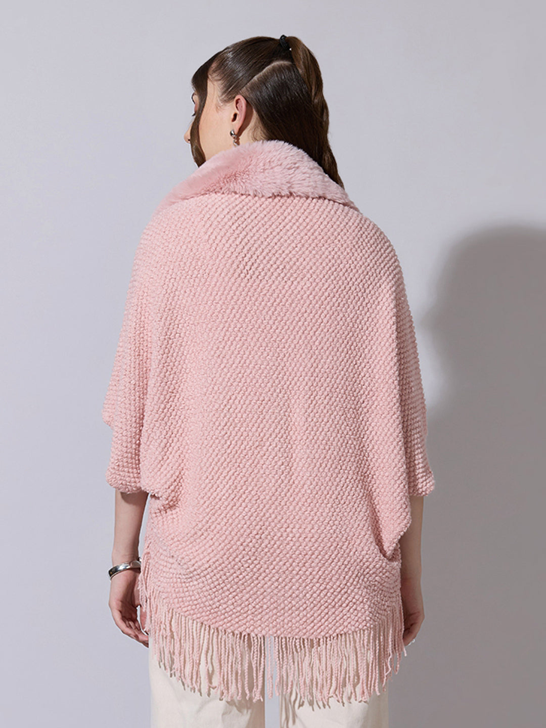 Women's Textured Knit Pink Poncho with Faux Fur Collar