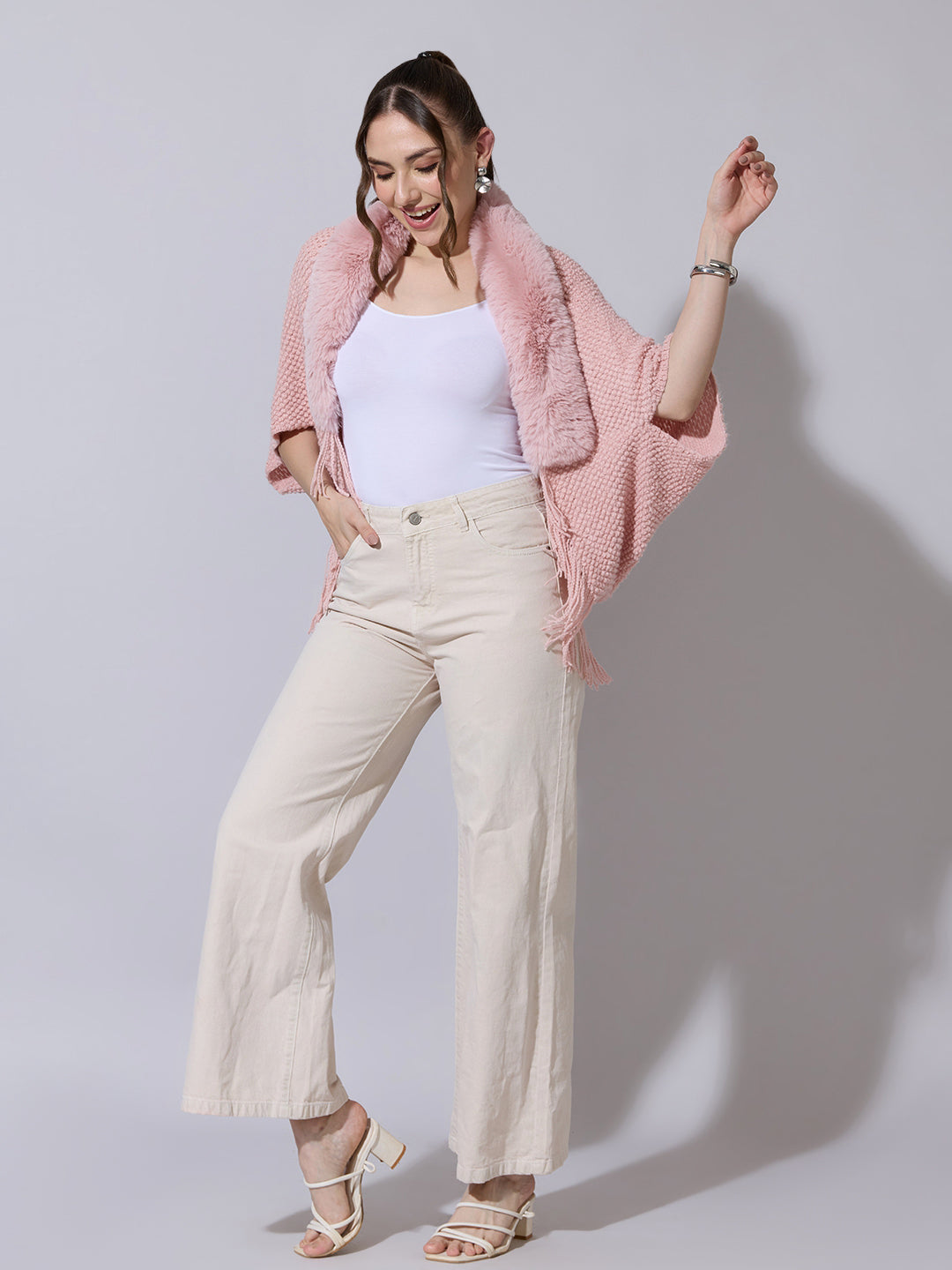 Women's Textured Knit Pink Poncho with Faux Fur Collar