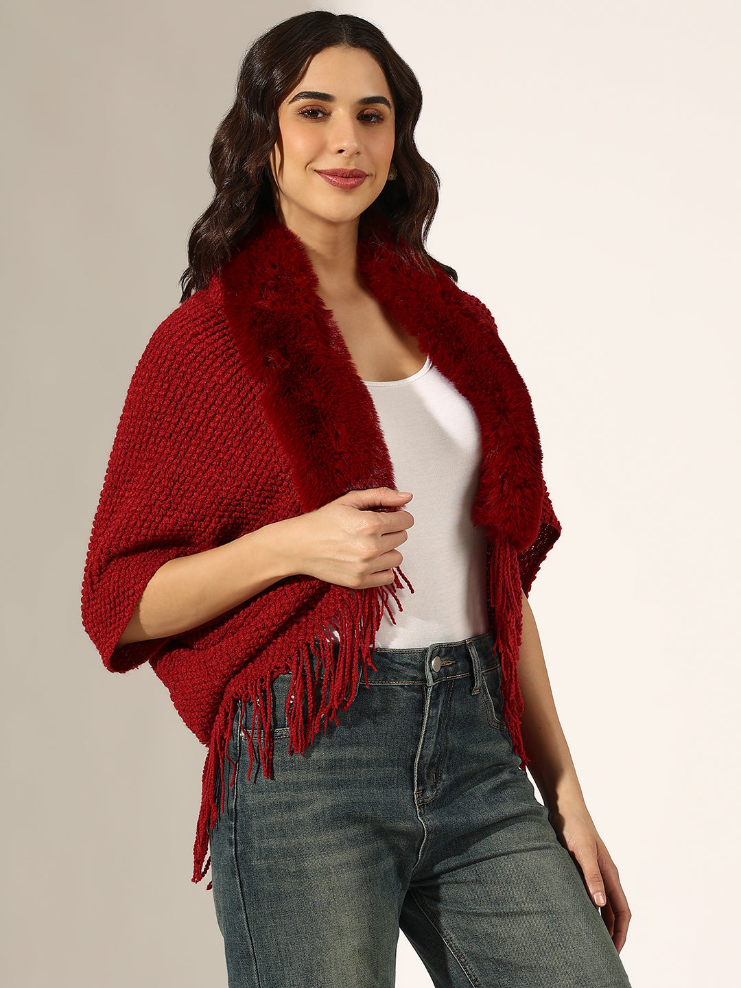 Women's Textured Red Faux Fur Collar Poncho with Fringed Hem
