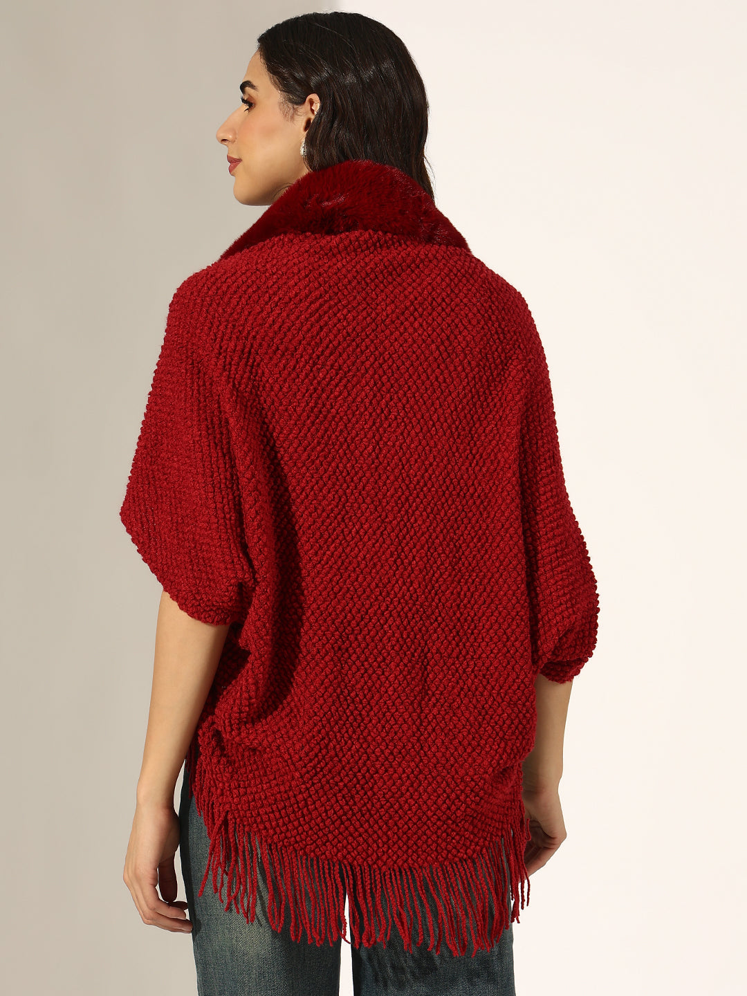 Women's Textured Red Faux Fur Collar Poncho with Fringed Hem