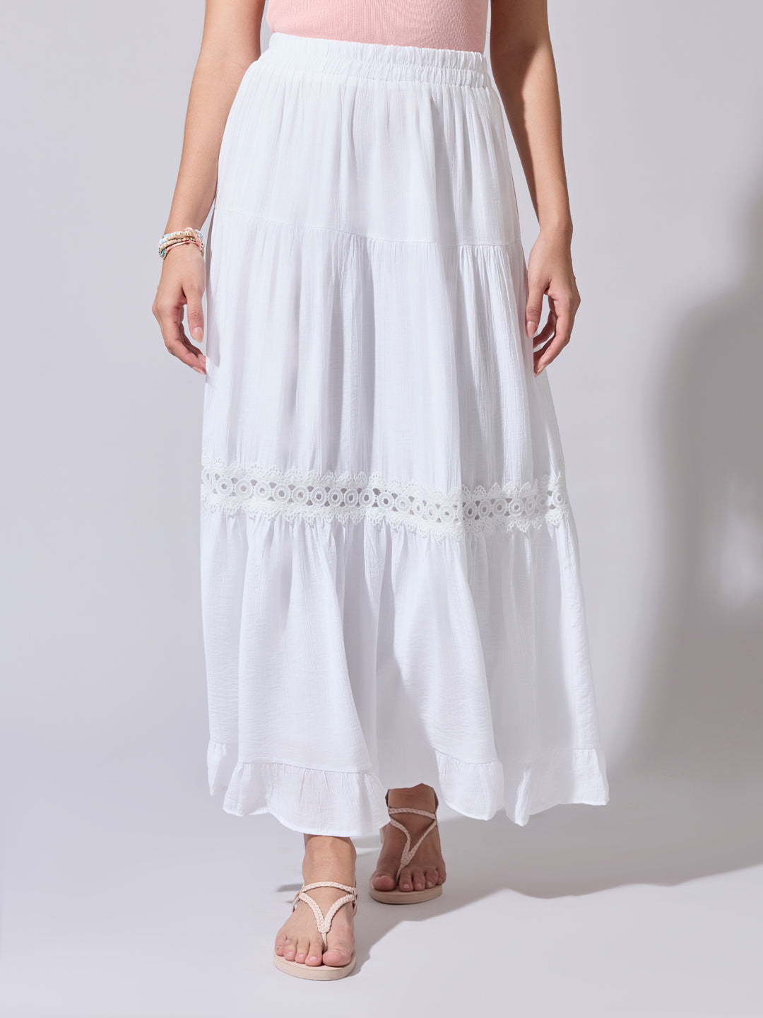 Women's White Tiered Maxi Skirt with Lace Insert