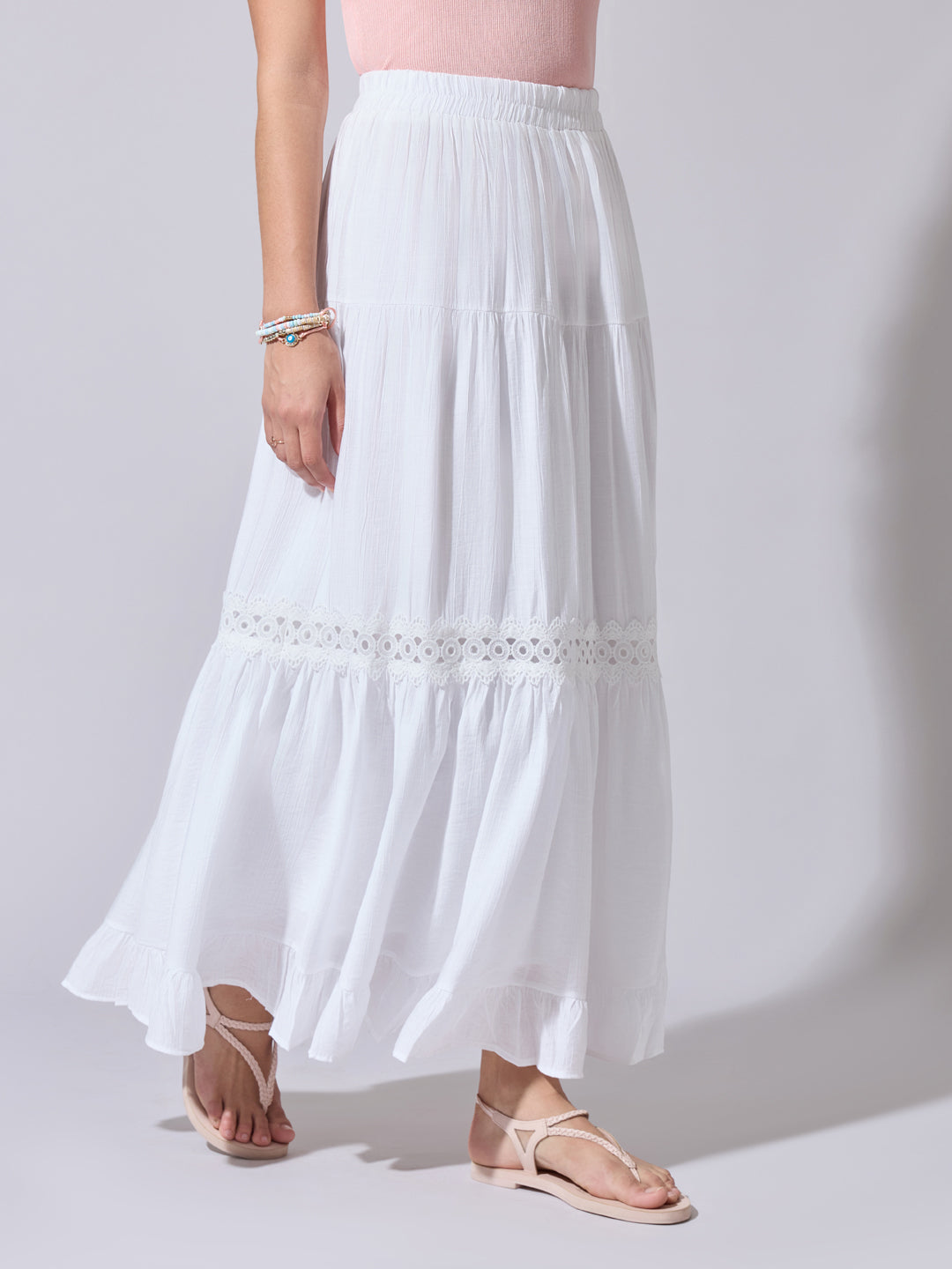 Women's White Tiered Maxi Skirt with Lace Insert