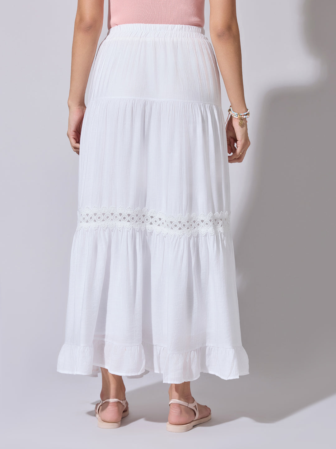 Women's White Tiered Maxi Skirt with Lace Insert