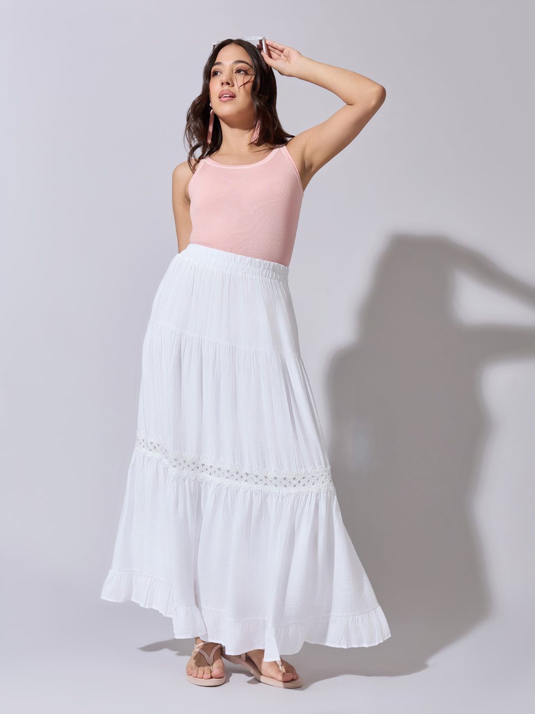 Women's White Tiered Maxi Skirt with Lace Insert