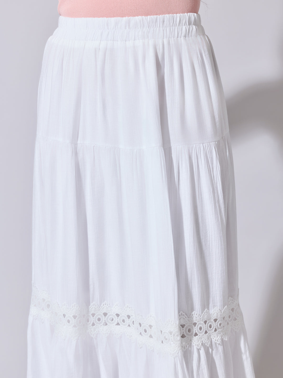 Women's White Tiered Maxi Skirt with Lace Insert