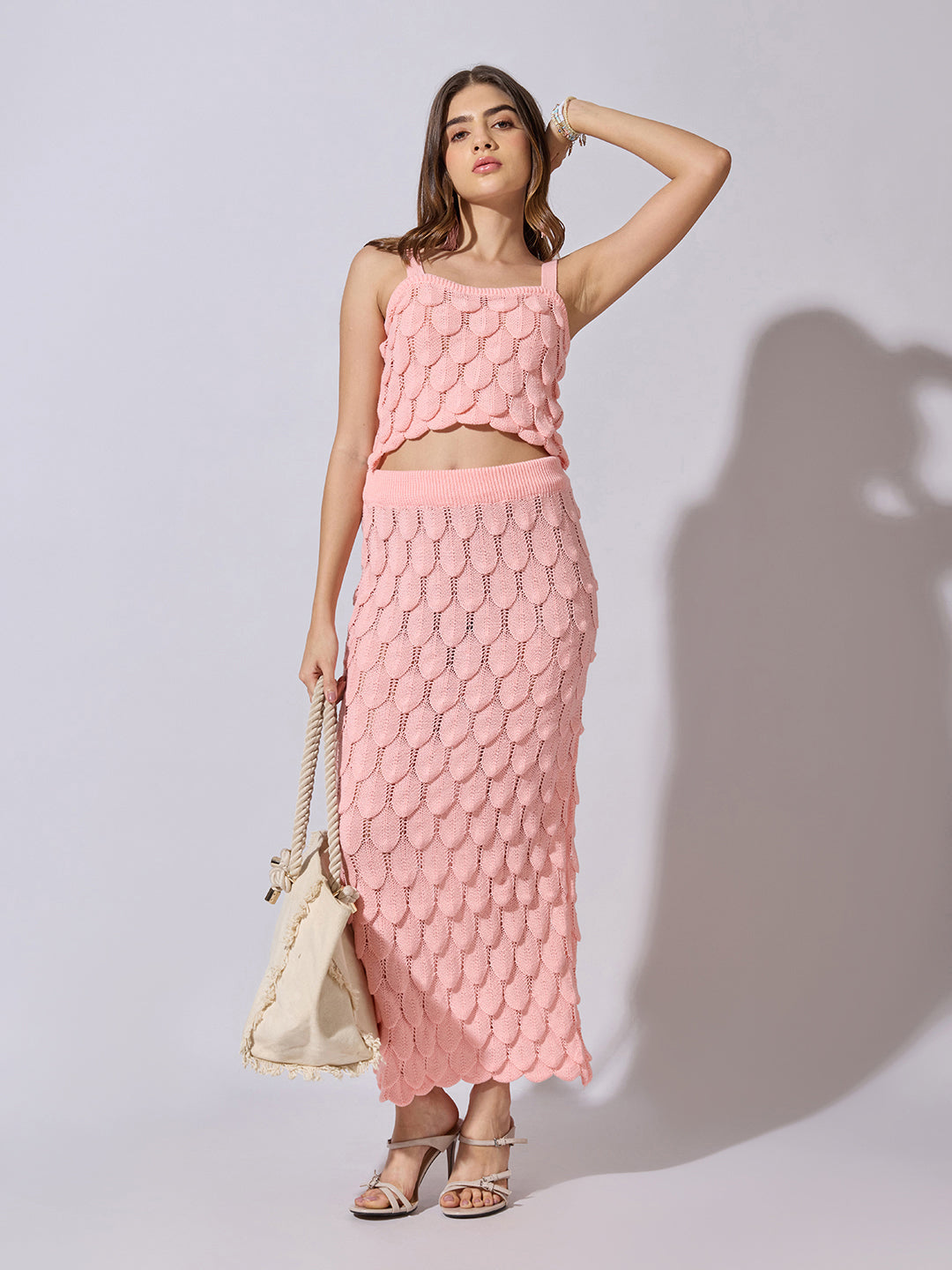 Women's Textured Pink Knit Crop Top with Skirt Co-Ord Set